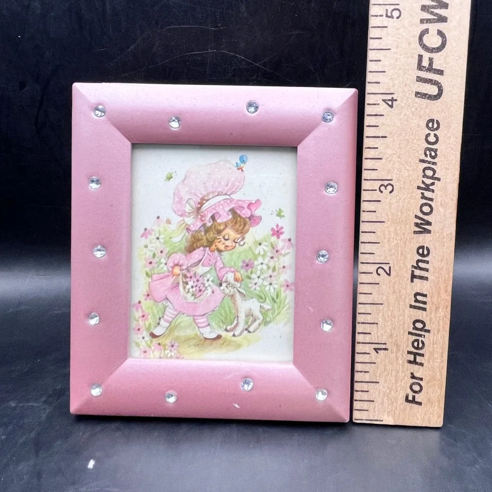 Spring Easter Illustration Pink Rhinestone Picture‎ Frame Girl Lamb 4.5x3.75